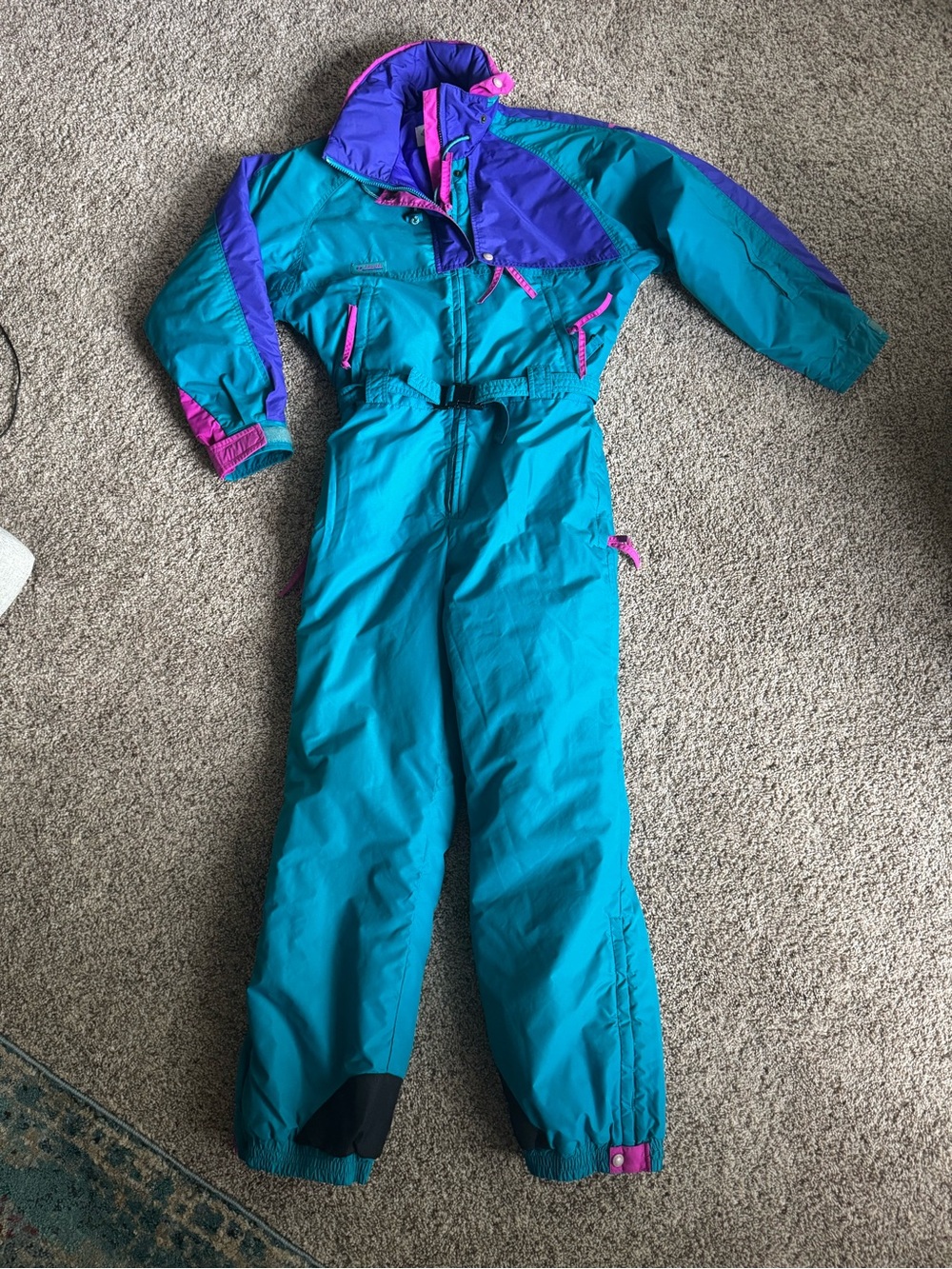VINTAGE.  Columbia Teal Ski One-Piece Suit with Purple and Pink Accents